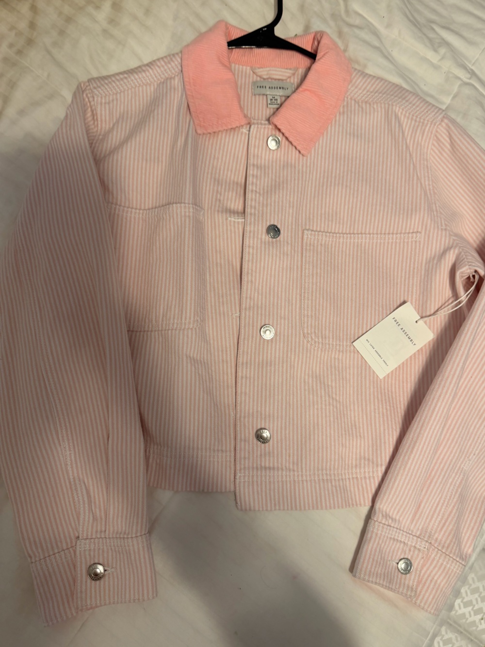 Soft Pink Striped Jean Jacket by Free Assembly